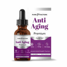 Brown glass dropper bottle with black cap next to purple and white product box labeled "Anti Aging Premium Pure IGF" by Pure 