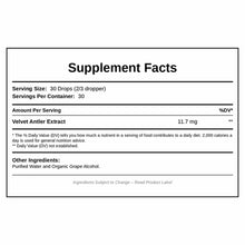 Supplement Facts label showing serving size of 30 drops, 30 servings per container, with Velvet Antler Extract 11.7 mg per se