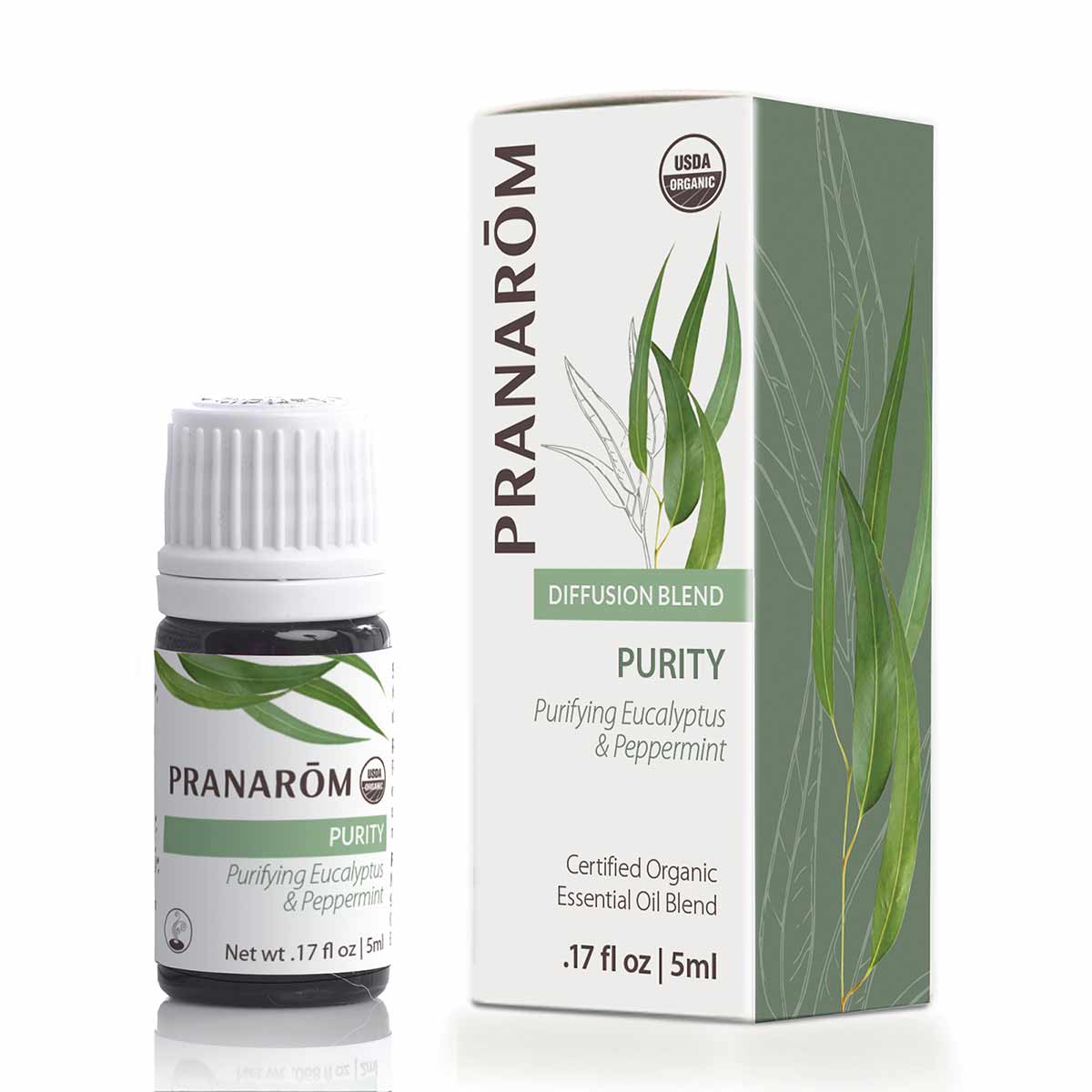 Pranarom Purity essential oil blend bottle with white cap next to green and white box labeled "Diffusion Blend" with eucalypt