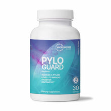 White bottle of Pyloguard Postbiotic dietary supplement by Microbiome Labs with blue and teal gradient label, containing 30 c
