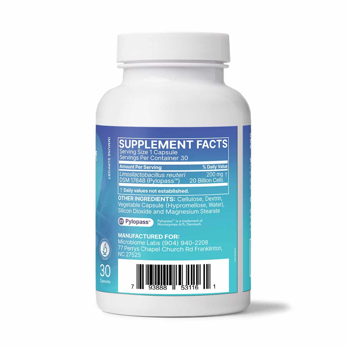 White bottle with blue and teal label containing 30 capsules of Pyloguard Postbiotic supplement by Microbiome Labs.