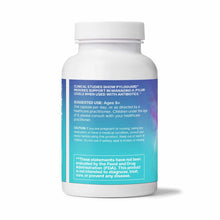 White capsule bottle with blue-to-teal gradient label containing product information and usage instructions.