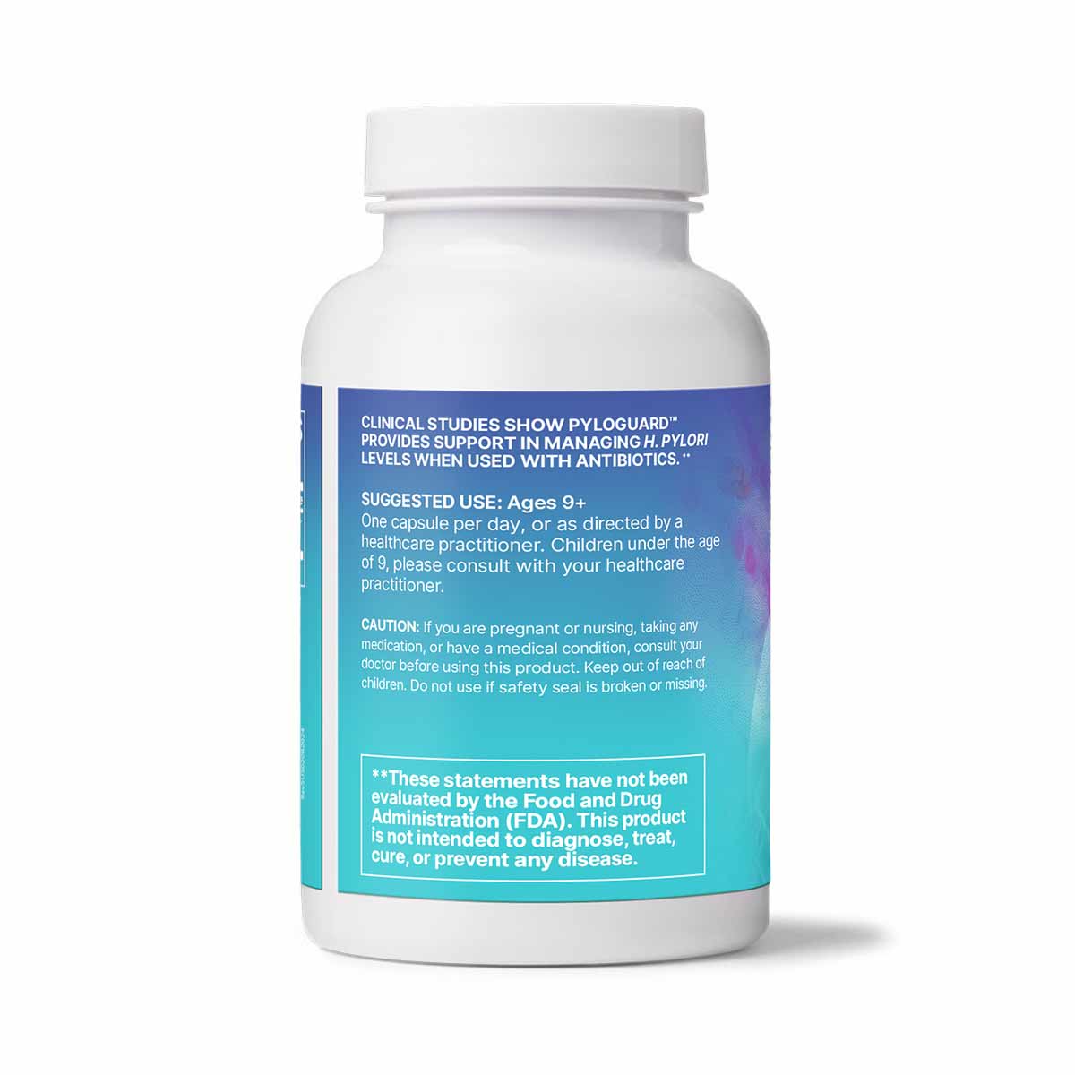 White capsule bottle with blue-to-teal gradient label containing product information and usage instructions.