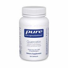 White bottle of Pure Encapsulations Quercetin dietary supplement containing 120 capsules with blue label.