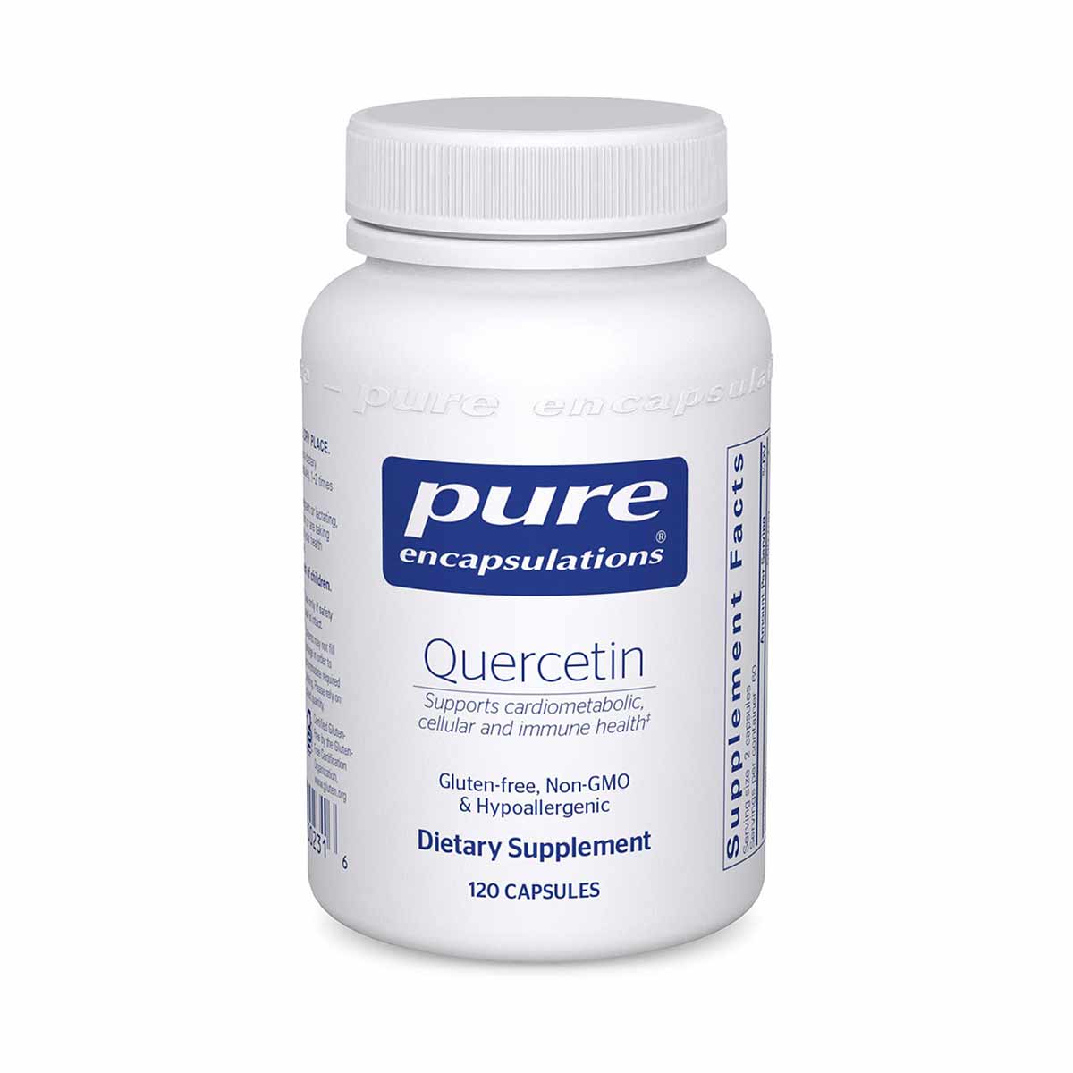 White bottle of Pure Encapsulations Quercetin dietary supplement containing 120 capsules with blue label.