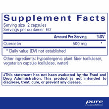 Supplement Facts label for Quercetin 500 mg capsules by Pure Encapsulations showing serving size, ingredients, and FDA discla