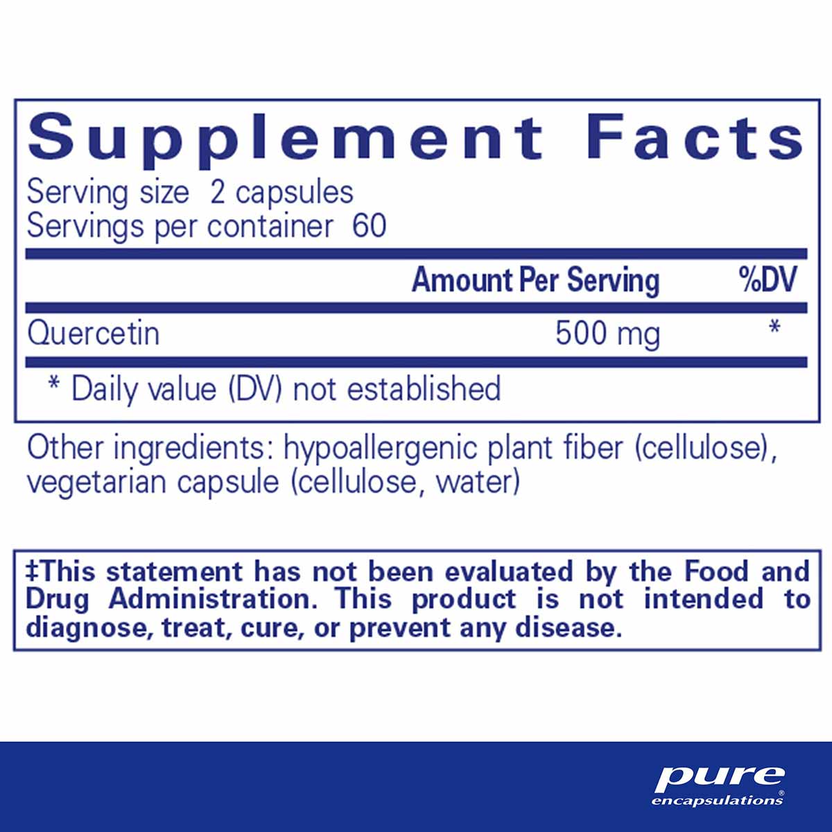Supplement Facts label for Quercetin 500 mg capsules by Pure Encapsulations showing serving size, ingredients, and FDA discla