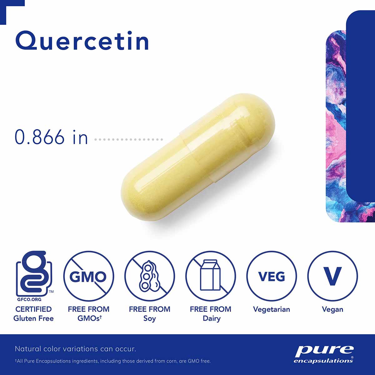 Pale yellow quercetin capsule measuring 0.866 inches with certification badges for gluten-free, GMO-free, soy-free, dairy-fre