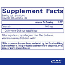 Supplement Facts label showing Quercetin 500 mg per serving, 2 capsules per serving, 30 servings per container.