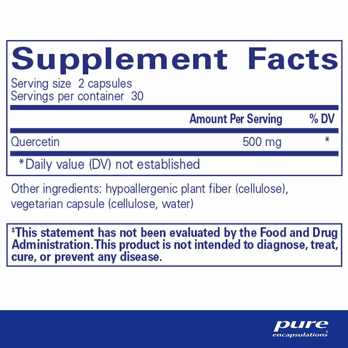 Supplement Facts label showing Quercetin 500 mg per serving, 2 capsules per serving, 30 servings per container.