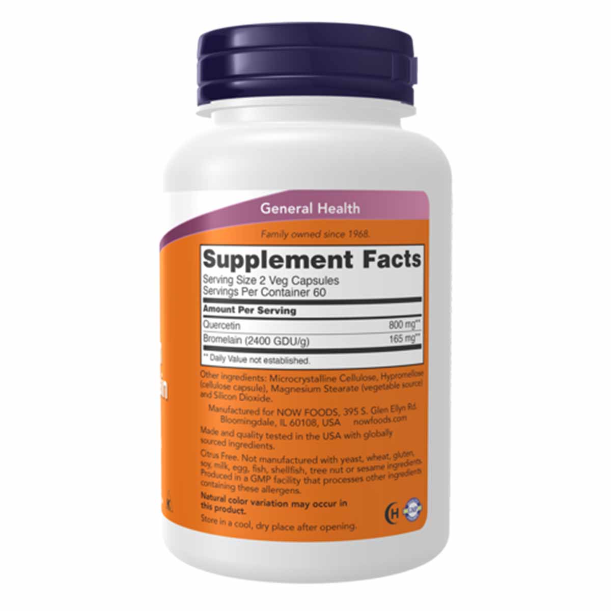 White bottle with dark blue cap and orange label showing NOW Foods Quercetin with Bromelain supplement facts.