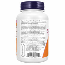 White supplement bottle with dark blue cap containing Quercetin with Bromelain capsules by NOW Foods.