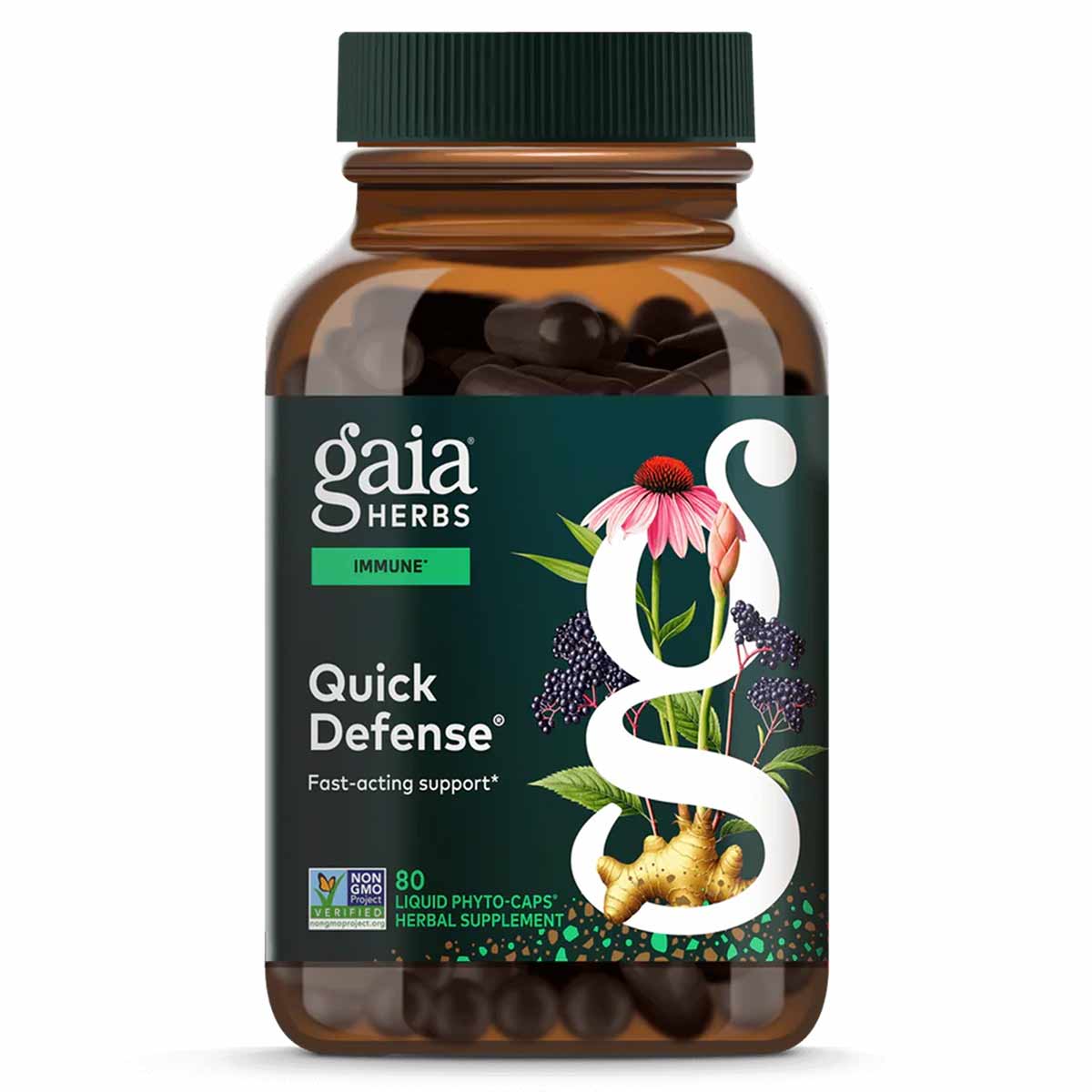 Amber glass bottle of Gaia Herbs Quick Defense herbal supplement with green cap and dark capsules inside.