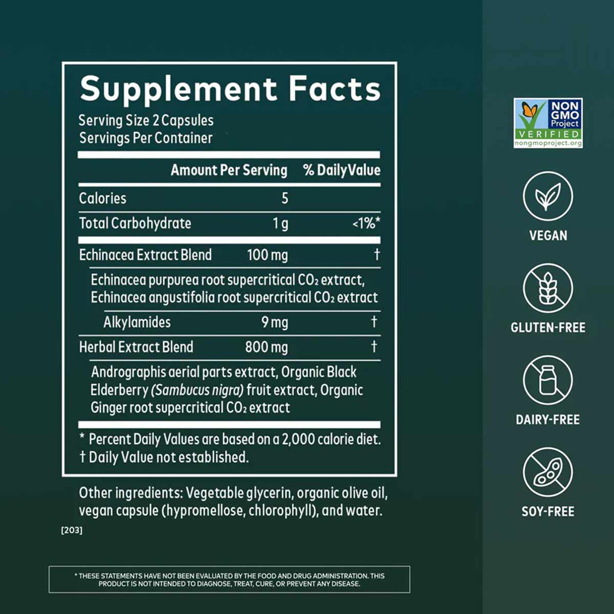 Supplement Facts label for Quick Defense capsules showing serving size, ingredients including Echinacea and herbal extracts, 