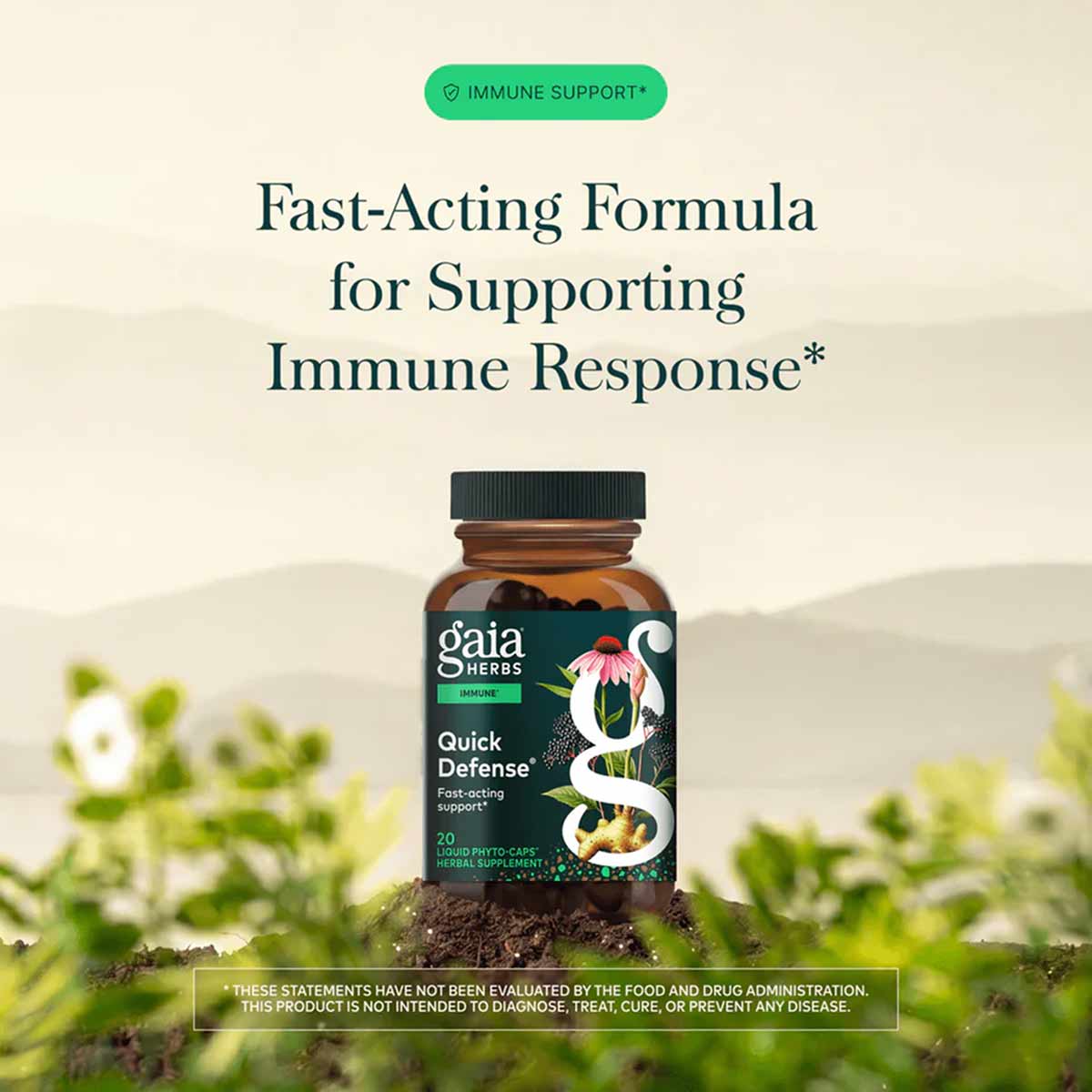 Gaia Herbs Quick Defense bottle with black cap on natural background with green plants and mountains.