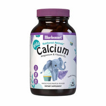 Bluebonnet RainForest AnimalZ Calcium Magnesium & Vitamin D3 chewable supplement bottle with purple cap and elephant design.