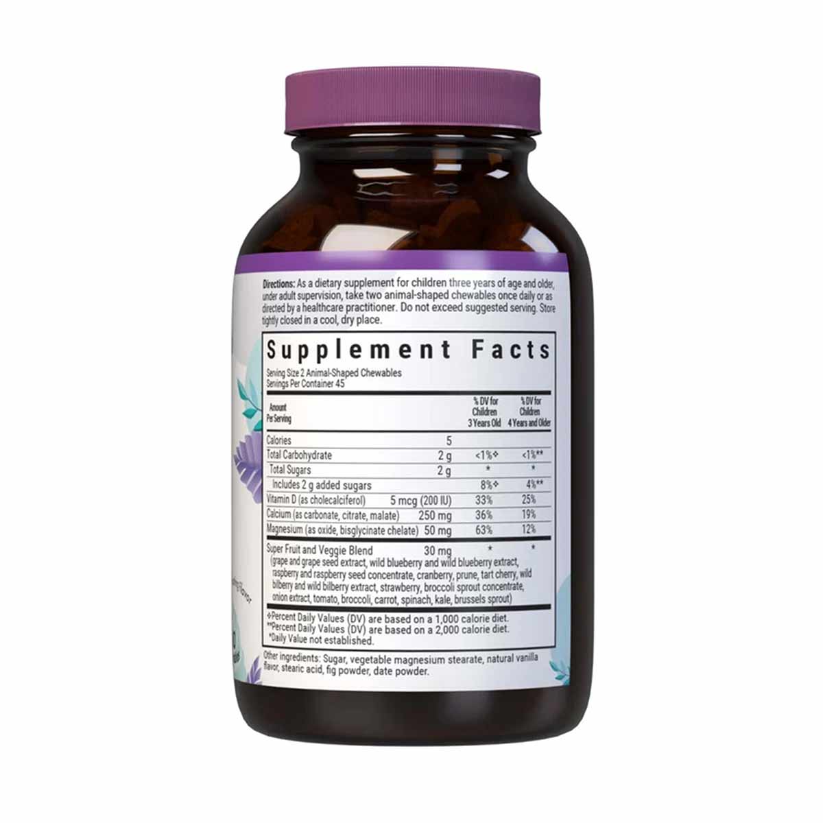 Brown glass bottle with purple cap containing animal-shaped chewable supplement tablets with supplement facts label visible.
