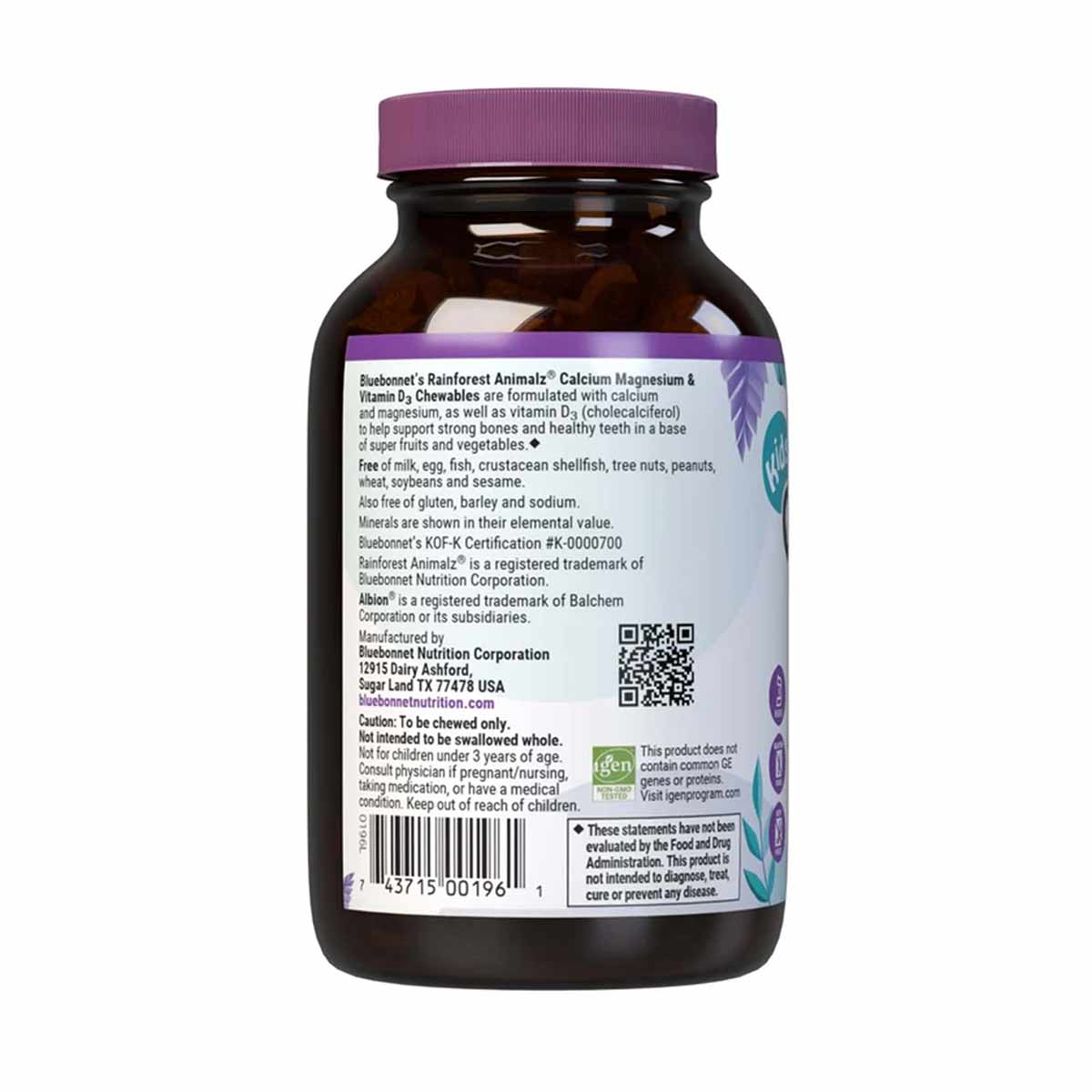Brown glass bottle with purple cap labeled Bluebonnet RainForest AnimalZ Calcium Magnesium & Vitamin D3 chewables.