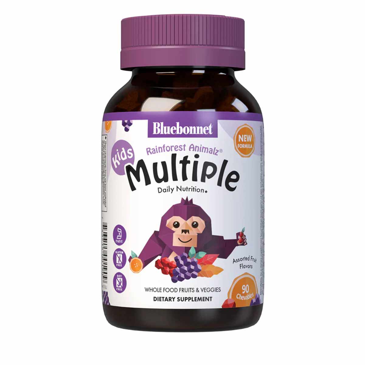 Bluebonnet RainForest AnimalZ Multiple vitamin bottle with purple cap, cartoon monkey character, and fruit imagery on label.