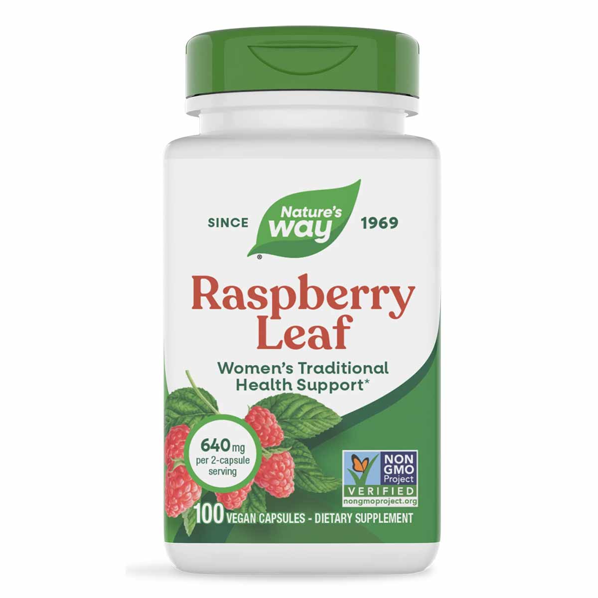 Nature's Way Raspberry Leaf supplement bottle with green cap, 100 vegan capsules, 640mg per serving, Non-GMO Project Verified