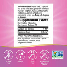 Natures Way Raspberry Leaf supplement facts label showing 640mg per serving, vegan, gluten-free, dairy-free, with Non-GMO Pro