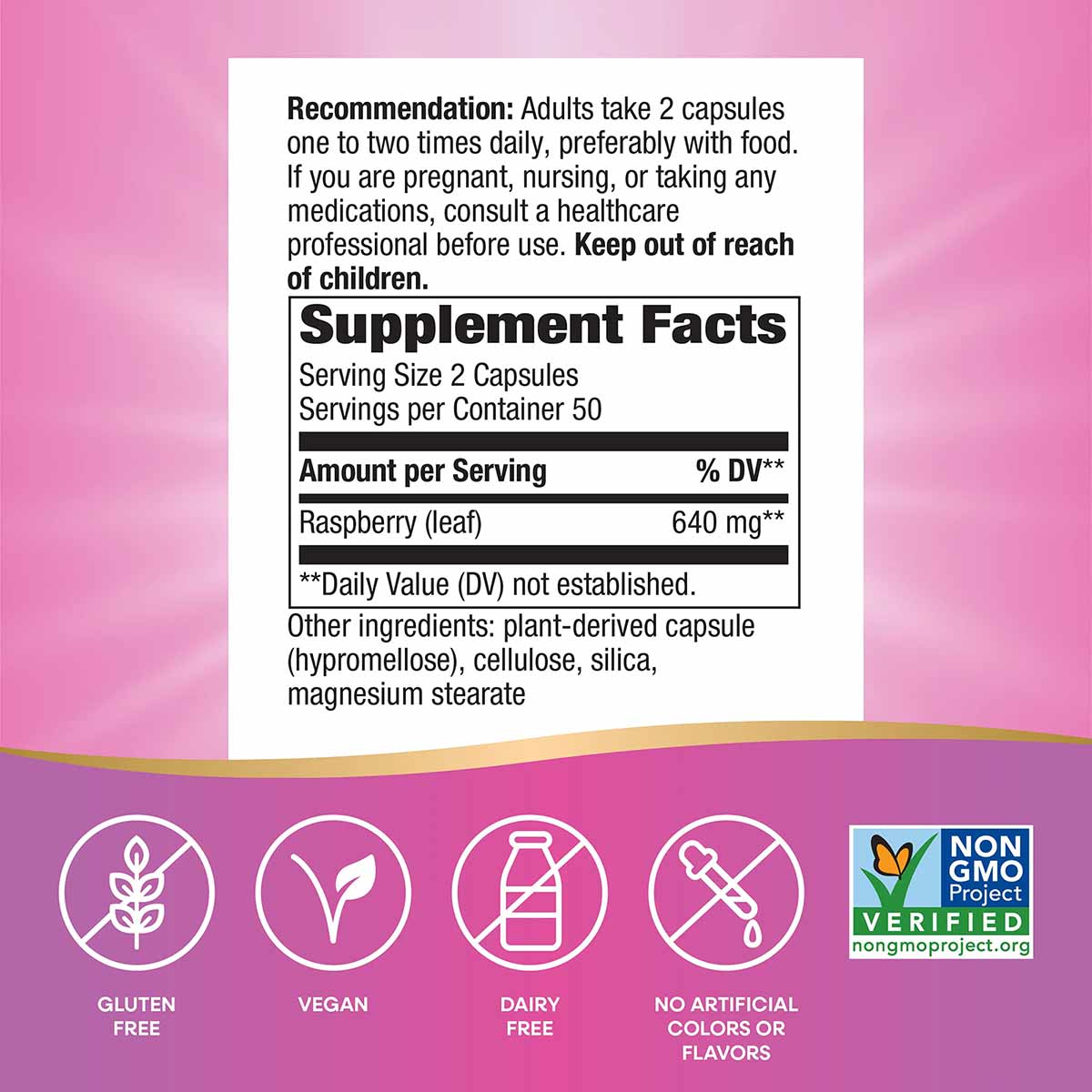 Natures Way Raspberry Leaf supplement facts label showing 640mg per serving, vegan, gluten-free, dairy-free, with Non-GMO Pro