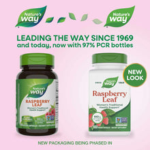 Two Nature's Way Raspberry Leaf supplement bottles with green caps showing old and new packaging designs, 100 vegan capsules 