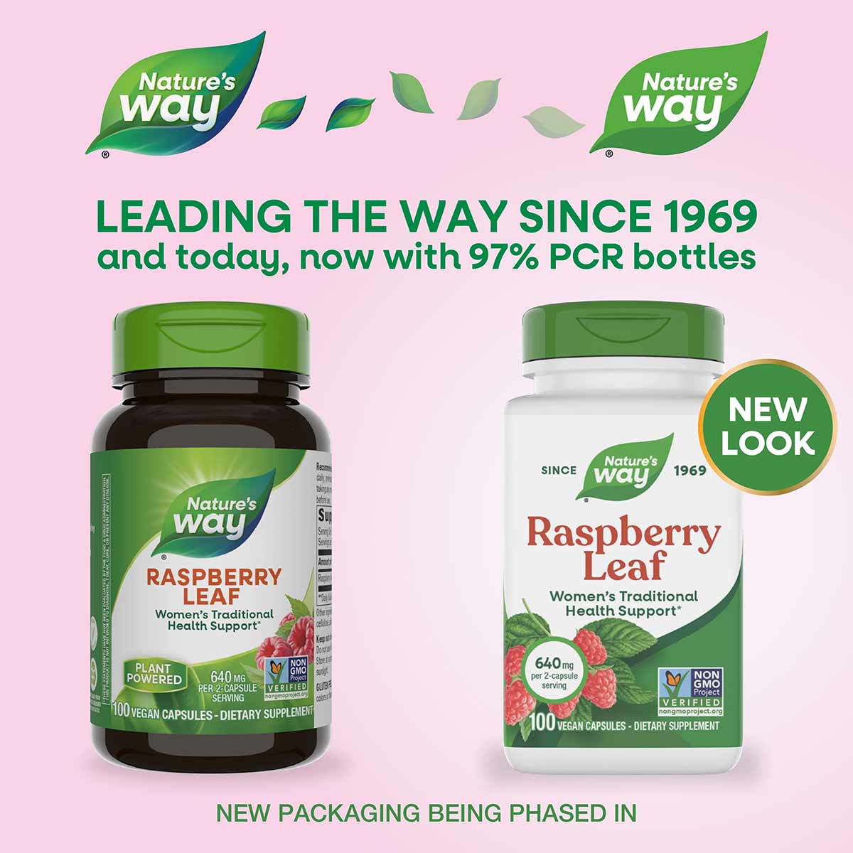 Two Nature's Way Raspberry Leaf supplement bottles with green caps showing old and new packaging designs, 100 vegan capsules 