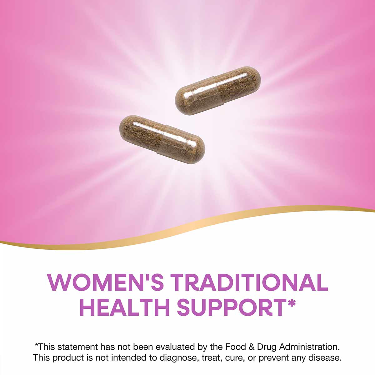 Two brown herbal supplement capsules on a pink background with gold curved accent stripe.