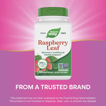 White bottle with green cap containing 100 vegan capsules of Nature's Way Raspberry Leaf dietary supplement at 640mg per serv
