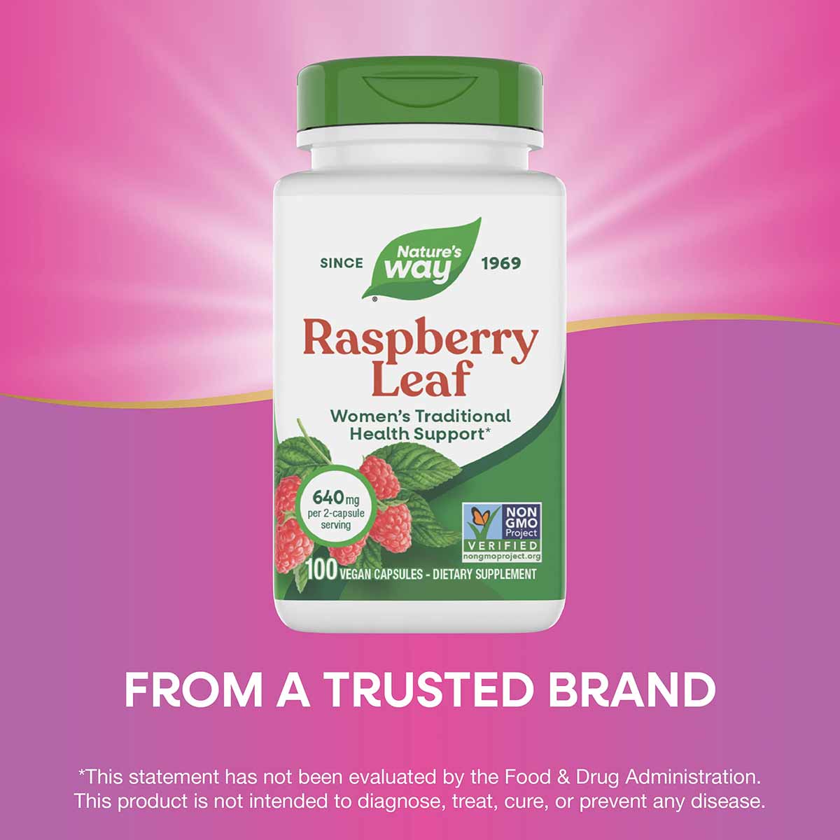 White bottle with green cap containing 100 vegan capsules of Nature's Way Raspberry Leaf dietary supplement at 640mg per serv
