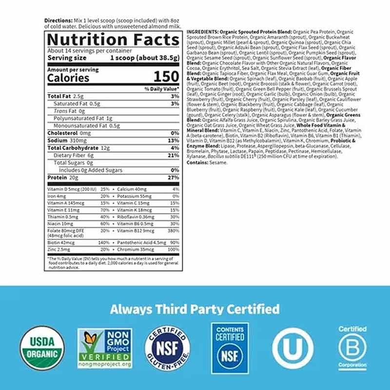 Raw Organic Meal Shake & Meal Replacement, Chocolate, 19.01 Oz, by Garden of Life, image #2