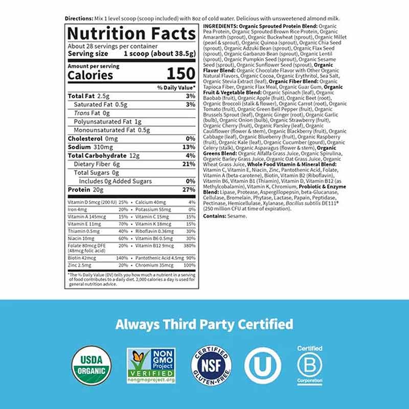 Raw Organic Meal Shake & Meal Replacement, Chocolate, 38.03 Oz, by Garden of Life, image #2