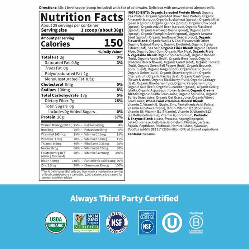 Raw Organic Meal Shake & Meal Replacement, Vanilla Chai, 37.53 Oz, by Garden of Life, image #2