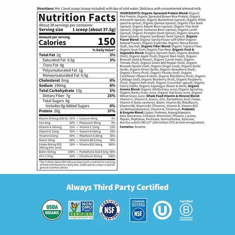 Raw Organic Meal Shake & Meal Replacement, Vanilla, 37.04 Oz, by Garden of Life, image #2