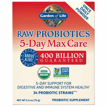 Garden of Life Raw Probiotics 5-Day Max Care powder in red and cream packaging with 400 billion guaranteed CFU count.