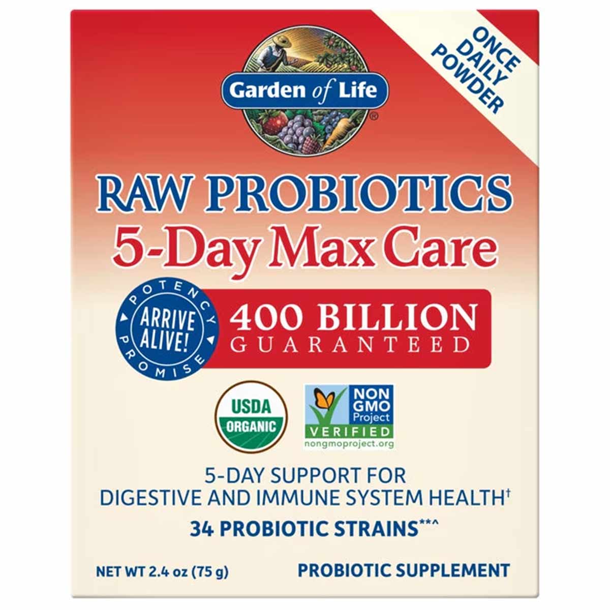 Garden of Life Raw Probiotics 5-Day Max Care powder in red and cream packaging with 400 billion guaranteed CFU count.