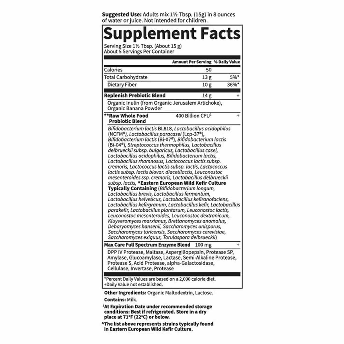 Garden of Life Raw Probiotics 5-Day Max Care supplement facts label showing serving size, nutritional information, probiotic 