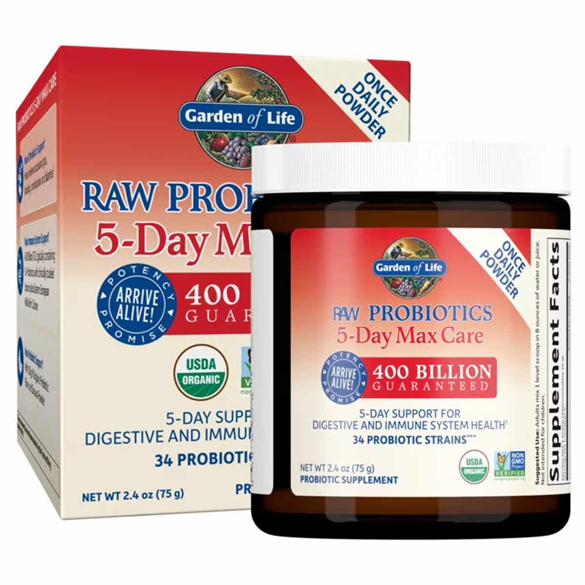 Garden of Life Raw Probiotics 5-Day Max Care powder in red cardboard box and dark glass jar with white label.