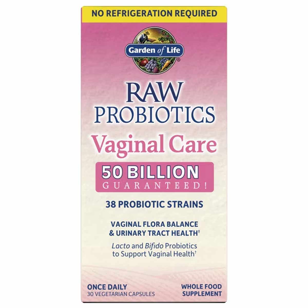 Garden of Life Raw Probiotics Vaginal Care supplement bottle, 50 billion CFU, 30 vegetarian capsules, shelf-stable formula.