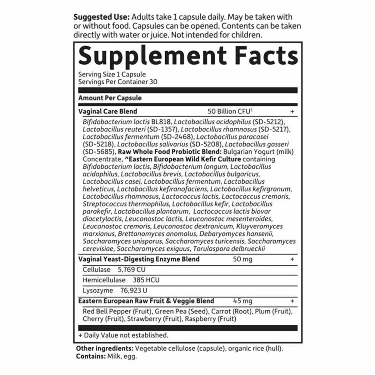 Supplement facts label for Garden of Life Raw Probiotics Vaginal Care showing 50 billion CFU per capsule and ingredient list.