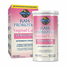 Garden of Life Raw Probiotics Vaginal Care bottle and box with 50 billion CFU, 30 vegetarian capsules, shelf-stable formula.