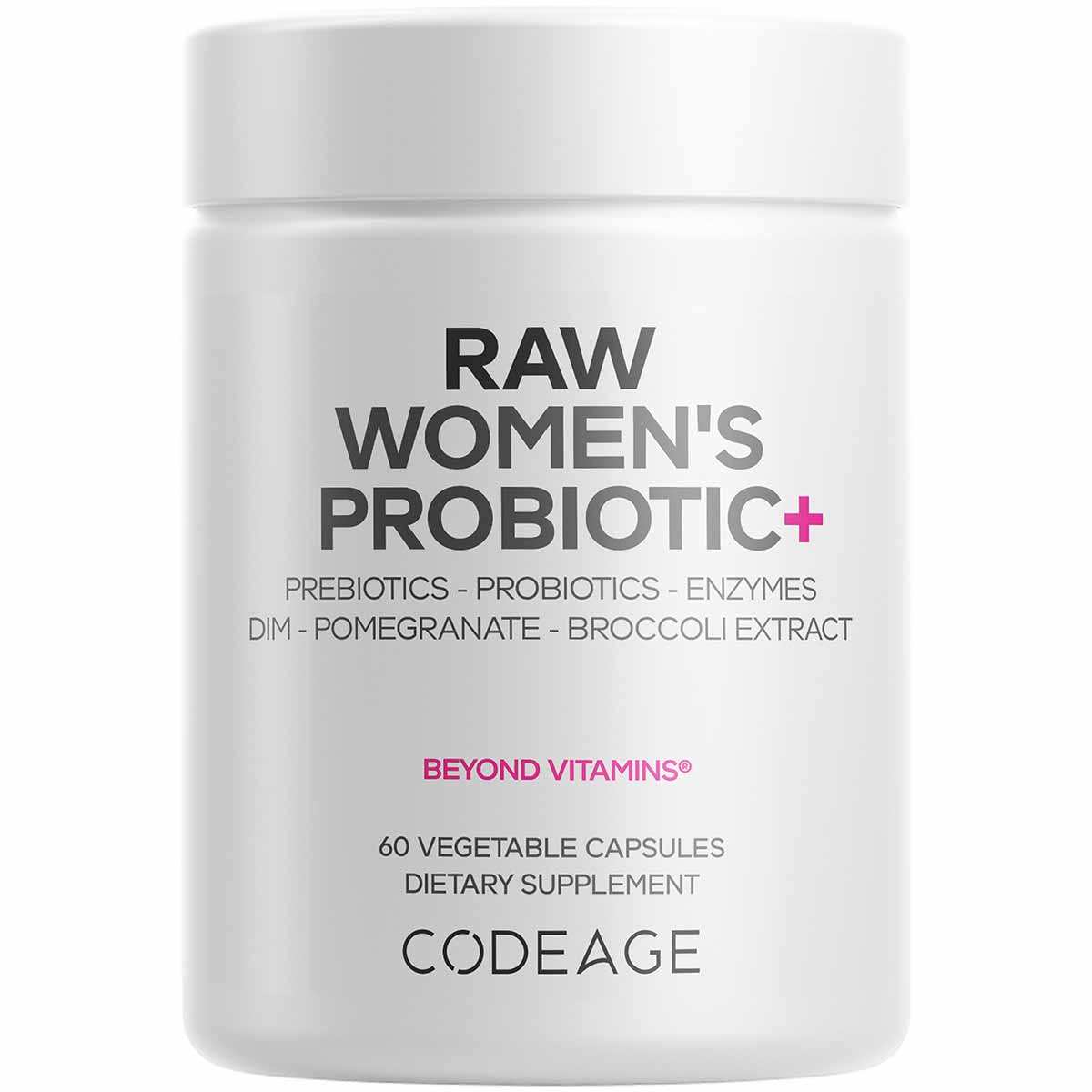 White cylindrical supplement bottle labeled "Raw Women's Probiotic+" containing 60 vegetable capsules by Codeage.