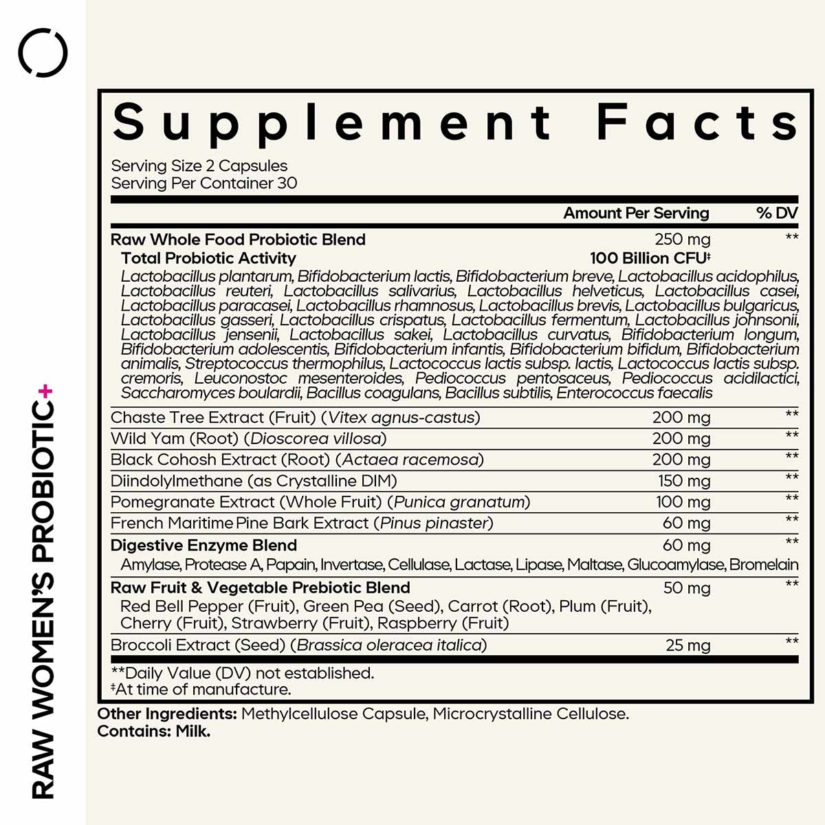 Supplement Facts label for Raw Women's Probiotic+ showing serving size, ingredients including probiotic blend with 100 billio