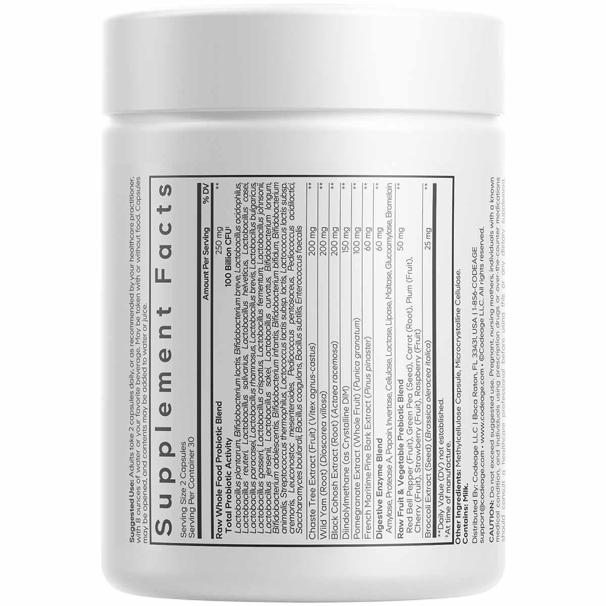 White supplement jar with white lid displaying "Supplement Facts" label with ingredient list and dosage information on front.