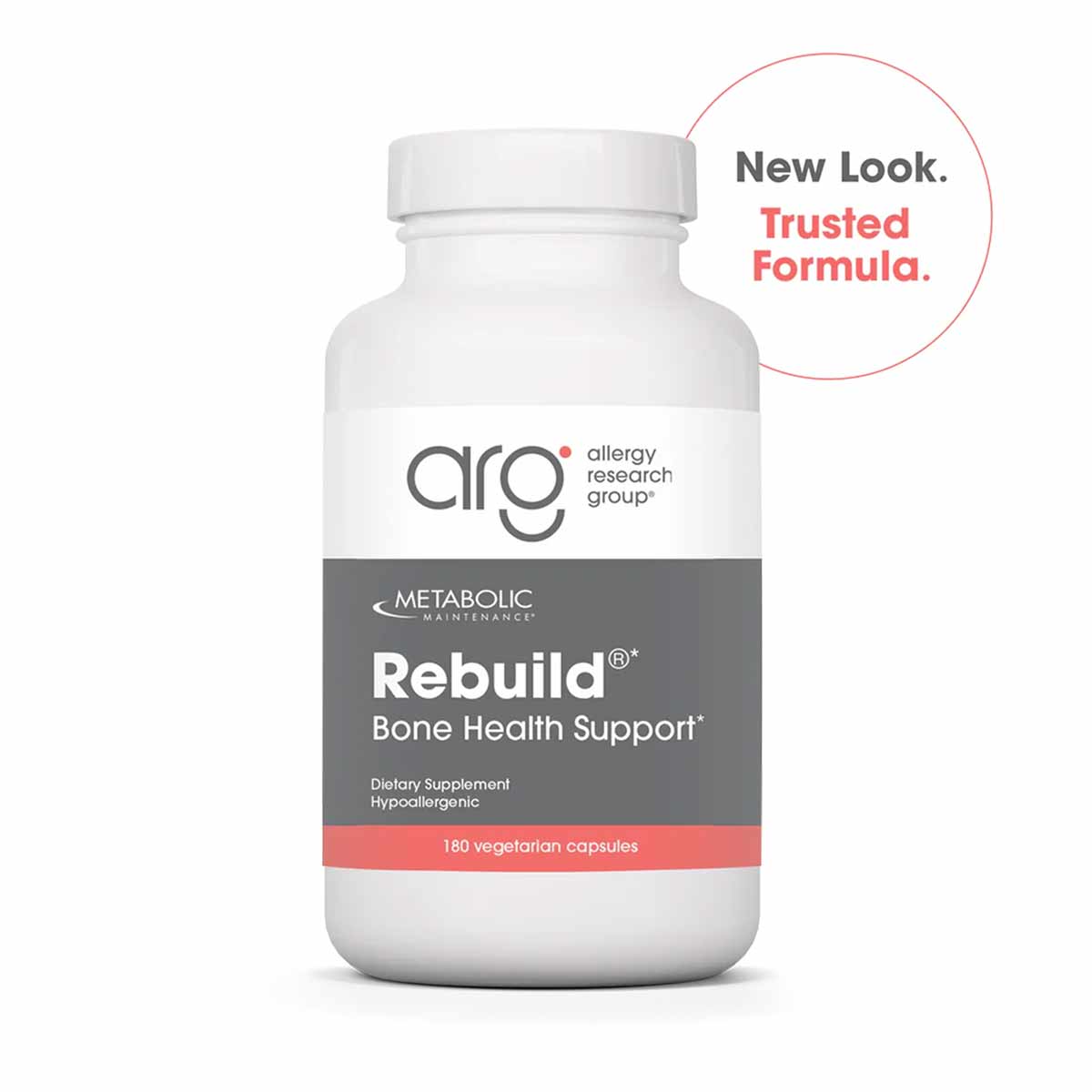 White bottle of Allergy Research Group Rebuild Bone Health Support dietary supplement containing 180 vegetarian capsules.