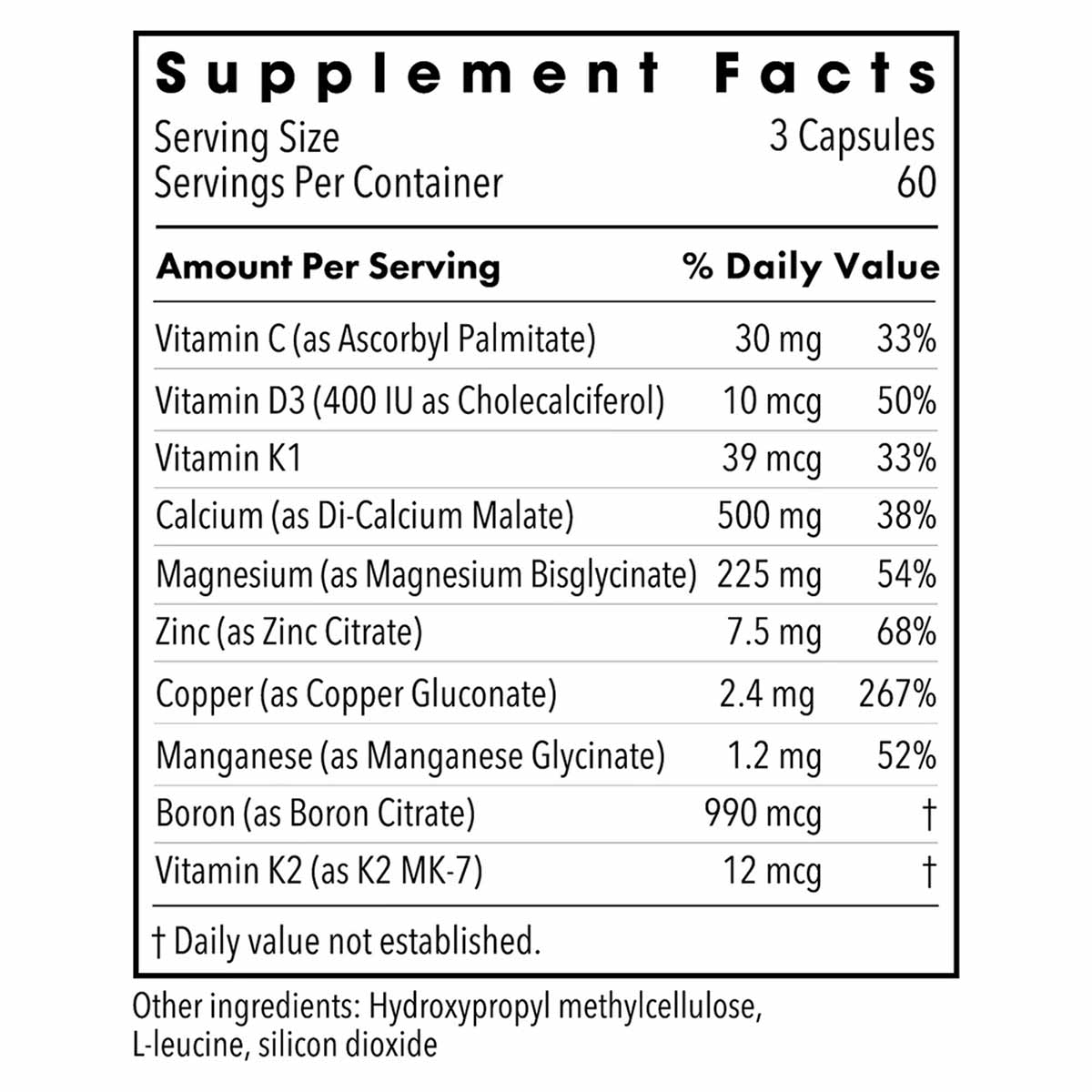 Supplement Facts label showing 180 capsules containing vitamins C, D3, K1, K2, calcium, magnesium, zinc, copper, manganese, a