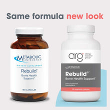 Two bottles of Rebuild Bone Health Support supplement showing old and new packaging designs, 180 capsules each.
