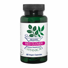 Dark green bottle labeled Red Clover Extract Plus by Vitanica containing 60 vegan capsules with a white label and black cap.