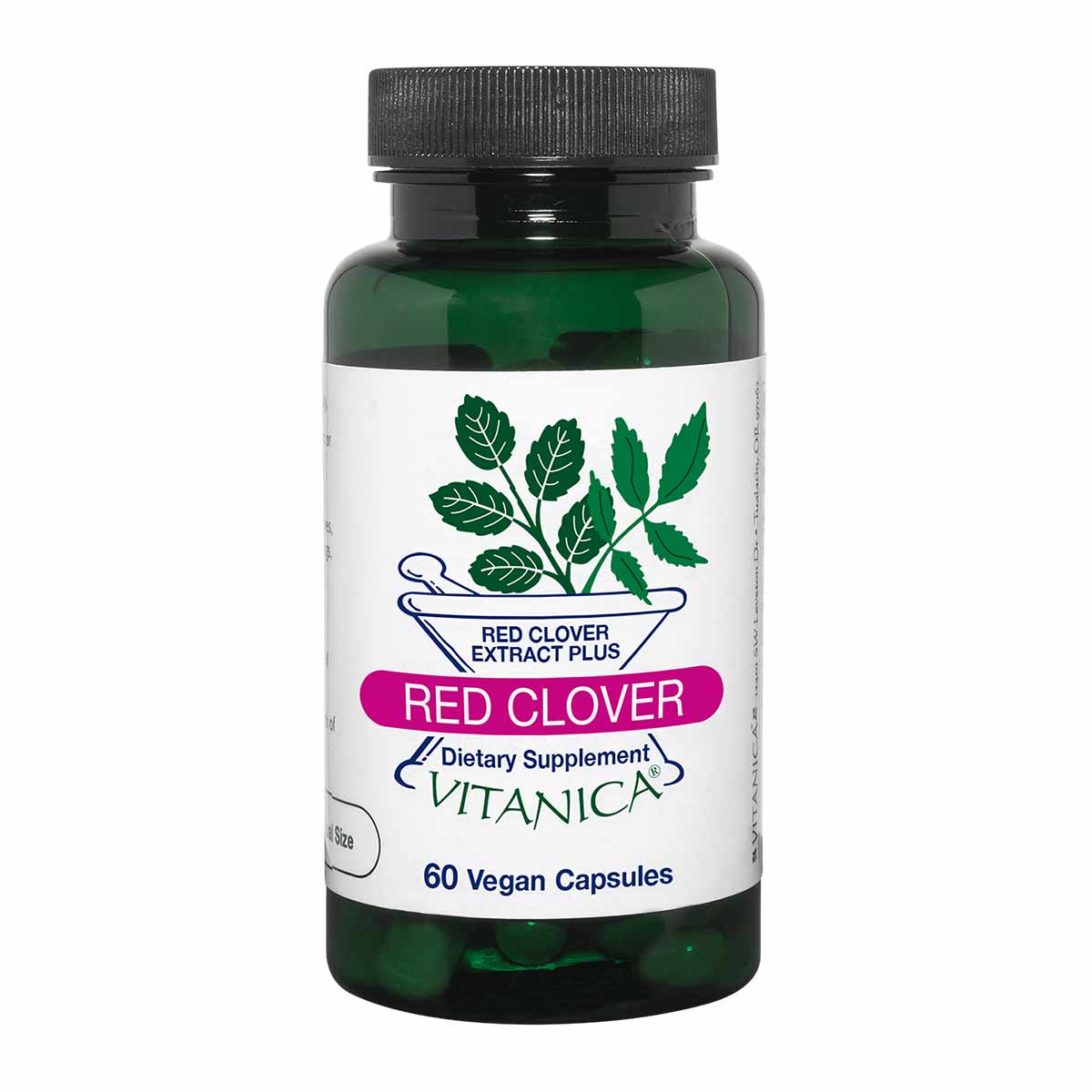 Dark green bottle labeled Red Clover Extract Plus by Vitanica containing 60 vegan capsules with a white label and black cap.